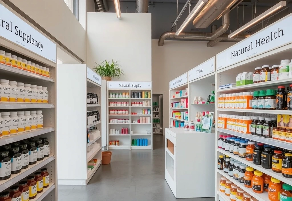 Suplementos naturales organizados en estanterías